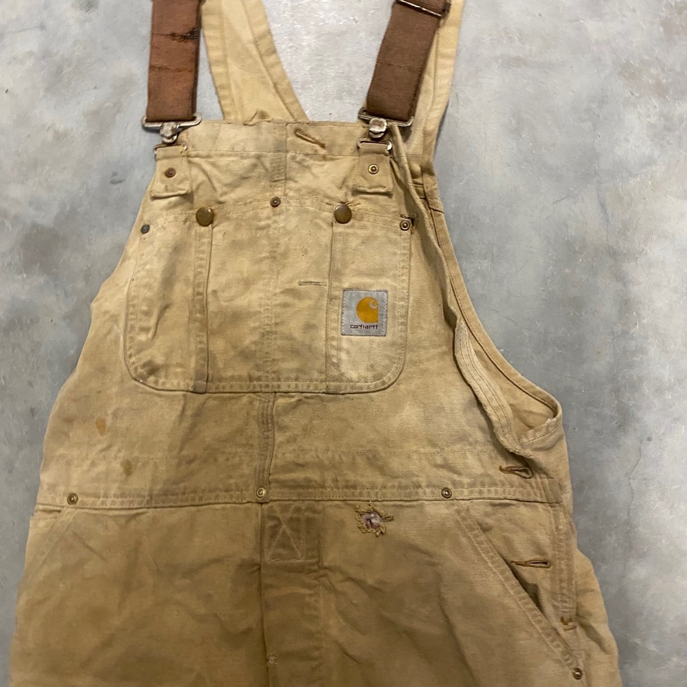 Vintage Carhartt Distressed Duck Canvas Quilt Lined Bib Overalls Tan Brown Mens - Picture 3 of 4